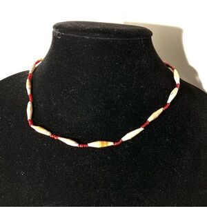 Red and Cream Beaded Paper Tube Necklace